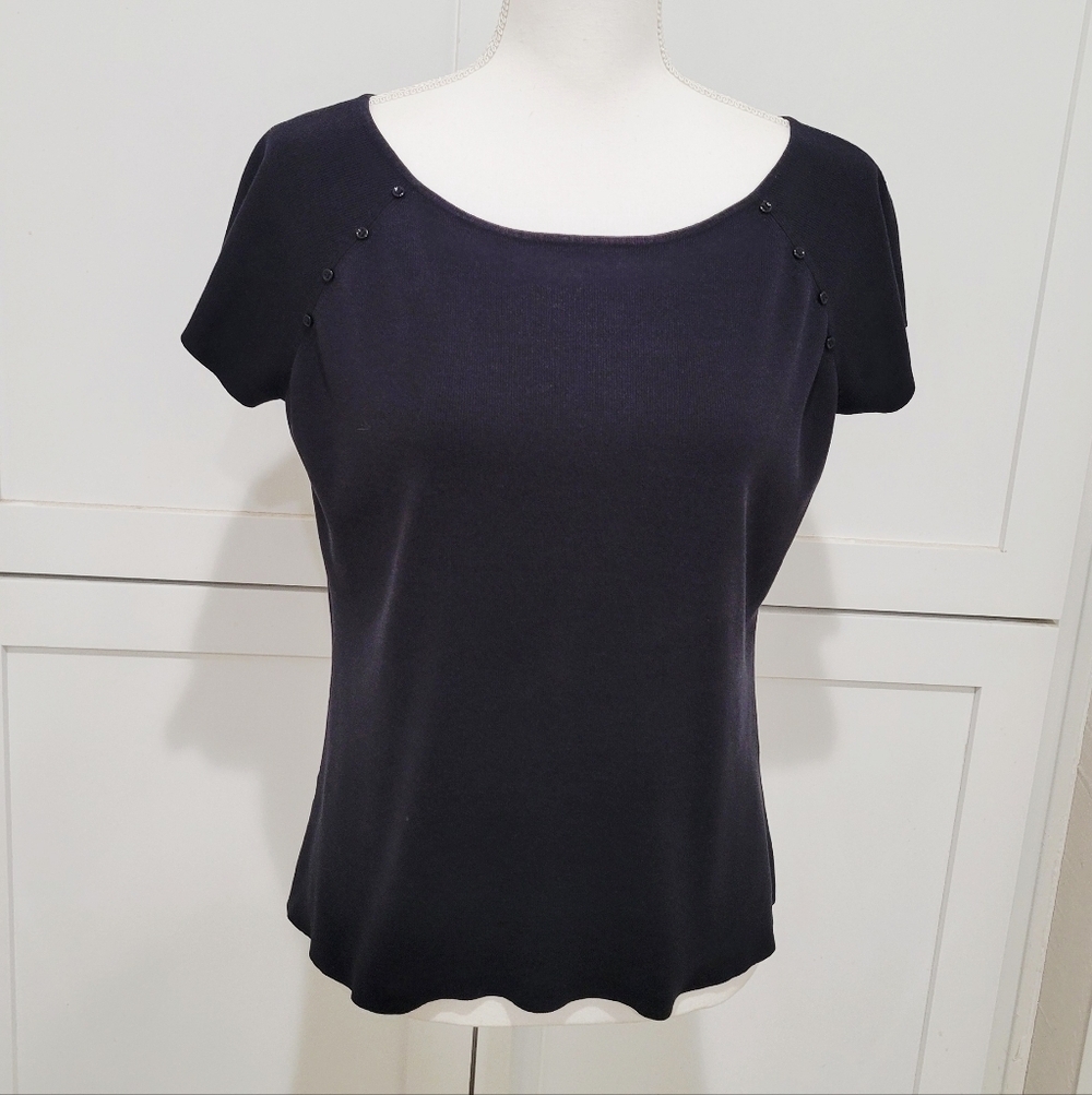 LOFT Black Knit Short Sleeve Women's Top w/Button Detail | Size XL